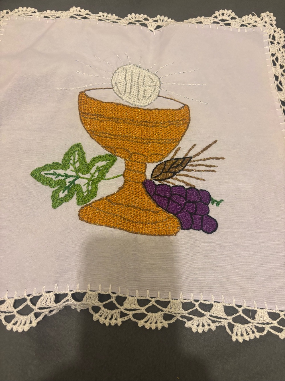 Embroidered Chalice Accent Linen in Gold, Purple and Green